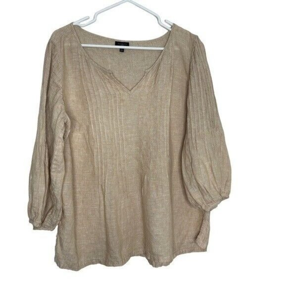 Talbots Tops - Talbots 1X Top Shirt Linen Tan Beige V Neck Lightweight 3/4 Sleeve Pleated